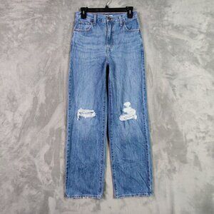 Levis Jeans Women 26 Blue Straight High Waisted Rise Denim Ripped 90s Pants